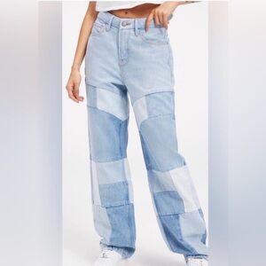 Good American 90’s High Waist Straight Leg Blue Patchwork Jeans‎ Sz 24
